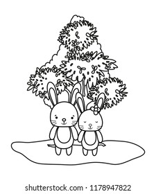 outline beauty rabbit couple animal and tree