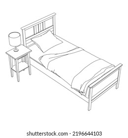 Outline of a bed with a blanket and a pillow with a bedside table with a lamp made of black lines isolated on a white background. Isometric view. Vector illustration.