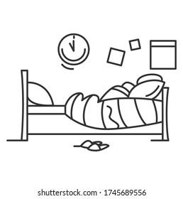 Outline bedroom icon with single bed at wall, pillow and blanket. Comfortable bed room thin line. Home interior and bedding furniture concept. Thin line vector illustration.Editable stroke
