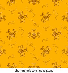 Outline bee insect seamless vector pattern. Fly simple yellow line style background.