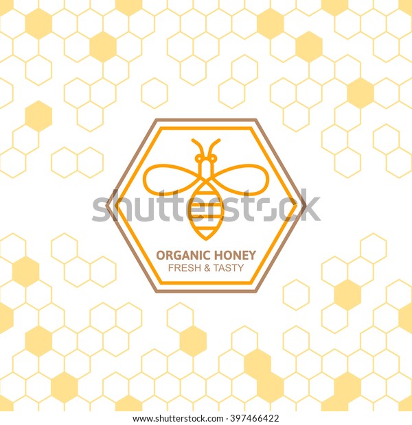 Outline bee vector symbol and seamless background with\
honeycombs. Organic honey linear logo, label, tags design elements.\
Concept for honey package, banner, wrapping. Abstract food\
background. 