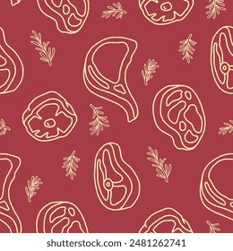 Outline Beef Meat Rosemary Seamless Pattern Vector illustration for Print, Wallpaper, Decoration.