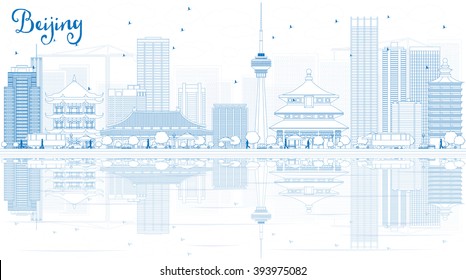 Outline Beijing Skyline with Blue Buildings and Reflections. Vector Illustration. Business travel and tourism concept with copy space. Image for presentation, banner, placard and web site.