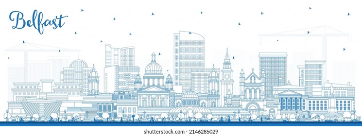 Outline Belfast Northern Ireland City Skyline with Blue Buildings. Vector Illustration. Belfast Cityscape with Landmarks. Business Travel and Tourism Concept with Historic Architecture.