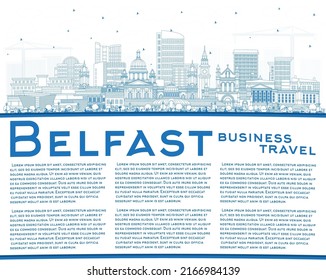 Outline Belfast Northern Ireland City Skyline with Blue Buildings and Copy Space. Vector Illustration. Belfast Cityscape with Landmarks. Travel and Tourism Concept with Historic Architecture.