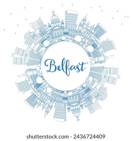 Outline Belfast Northern Ireland City Skyline with Blue Buildings and Copy Space. Vector Illustration. Belfast Cityscape with Landmarks. Travel and Tourism Concept with Historic Architecture.