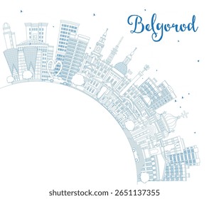 Outline Belgorod Russia city skyline with blue buildings and copy space. Vector illustration. Belgorod cityscape with landmarks. Travel and tourism concept with modern and historic architecture.
