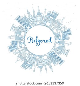 Outline Belgorod Russia city skyline with blue buildings and copy space. Vector illustration. Belgorod cityscape with landmarks. Travel and tourism concept with modern and historic architecture.