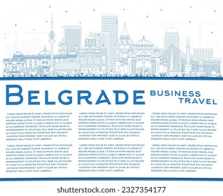 Outline Belgrade Serbia City Skyline with Blue Buildings and Copy Space. Vector Illustration. Belgrade Cityscape with Landmarks. Business Travel and Tourism Concept with Historic Architecture.