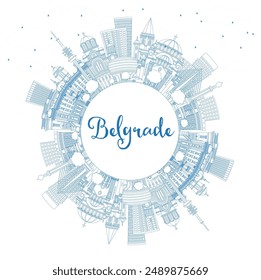 Outline Belgrade Serbia City Skyline with Blue Buildings and Copy Space. Vector Illustration. Belgrade Cityscape with Landmarks. Business Travel and Tourism Concept with Historic Architecture.