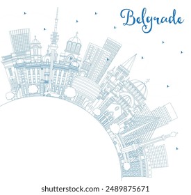 Outline Belgrade Serbia City Skyline with Blue Buildings and Copy Space. Vector Illustration. Belgrade Cityscape with Landmarks. Business Travel and Tourism Concept with Historic Architecture.