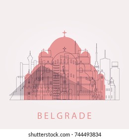 Outline Belgrade skyline with landmarks. Vector illustration. Business travel and tourism concept with historic buildings. Image for presentation, banner, placard and web site.