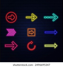 Outline bended neon arrow icon set. Glowing neon curved arrow pointer, bent arrowhead sign. Rounded arrow, turning cursor, bended navigation pointer, rotate motion direction. Vector icon set