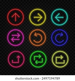 Outline bended neon arrow icon set. Glowing neon curved arrow pointer, bent arrowhead sign. Rounded arrow, turning cursor, bended navigation pointer, rotate motion direction. Vector icon set.19