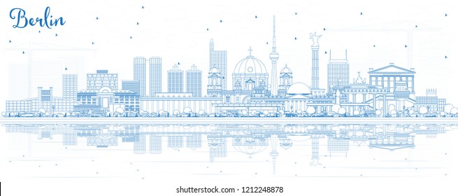 Outline Berlin Germany City Skyline with Blue Buildings and Reflections. Vector Illustration. Business Travel and Tourism Concept with Historic Architecture. Berlin Cityscape with Landmarks.