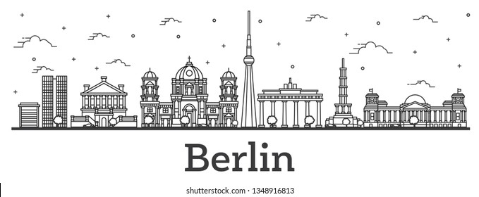 Outline Berlin Germany City Skyline with Historical Buildings Isolated on White. Vector Illustration. Berlin Cityscape with Landmarks.