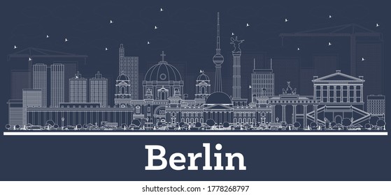 Outline Berlin Germany City Skyline with White Buildings. Vector Illustration. Business Travel and Concept with Historic Architecture. Berlin Cityscape with Landmarks.