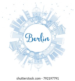 Outline Berlin Germany City Skyline with Blue Buildings and Copy Space. Vector Illustration. Business Travel and Tourism Concept with Historic Architecture. Berlin Cityscape with Landmarks.