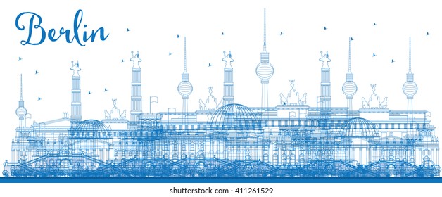 Outline Berlin skyline with blue buildings. Vector illustration. Business and tourism concept with place for text. Image for presentation, banner, placard and web site