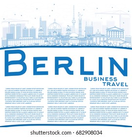 Outline Berlin Skyline with Blue Buildings and Copy Space. Vector Illustration. Business Travel and Tourism Concept with Historic Architecture. Image for Presentation Banner Placard and Web Site.