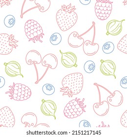 Outline berry background. Vector seamless pattern with food icons. Simple illustration of cherry, blueberry, strawberry, raspberry and gooseberry.