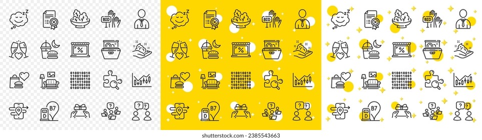 Outline Bid offer, Furniture and Diesel station line icons pack for web with Dishwasher, Sleep, Search puzzle line icon. Gps, Teamwork question, Binary code pictogram icon. Vector