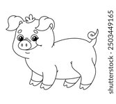 Outline big pig. Contour cartoon farm hog. Cute black and white farm animal. Vector illustration isolated on white background. Perfect for kids coloring book.