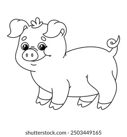 Outline big pig. Contour cartoon farm hog. Cute black and white farm animal. Vector illustration isolated on white background. Perfect for kids coloring book.