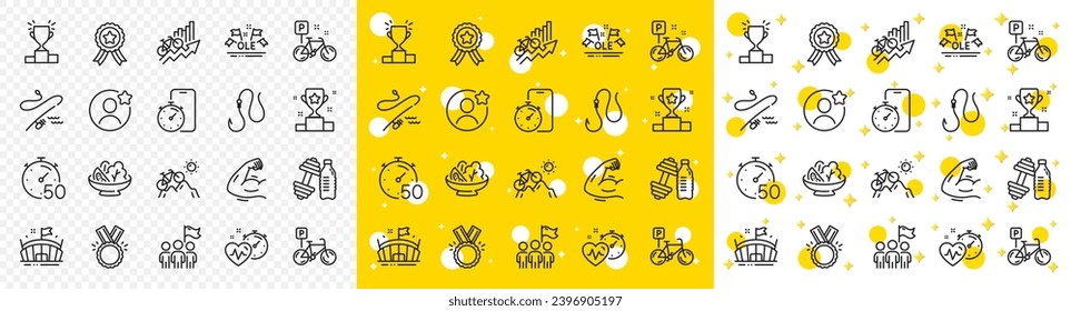 Outline Bike, Best friend and Leadership line icons pack for web with Dumbbell, Arena, Mountain bike line icon. Timer, Bicycle parking, Fishing rod pictogram icon. Training results. Vector