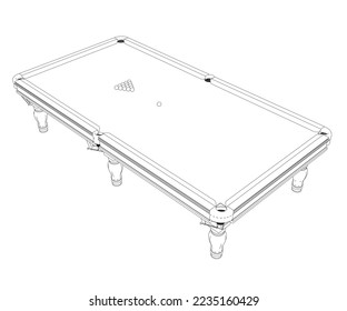 Outline of billiard table with balls from black lines isolated on white background. Isometric view. 3D. Vector illustration. svg