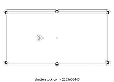 Outline of billiard table with balls from black lines isolated on white background. View from above. 3D. Vector illustration.