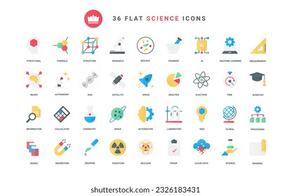 Outline biology and chemistry laboratory research, AI and machine learning, astronomy and space, data structure analysis of scientist. Science technology trendy flat icons set vector illustration