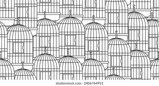 outline bird cage seamless pattern