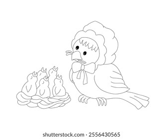 Outline of bird in a cap with a bow feeds chicks in a nest. Vector illustration on a white background