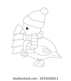 Outline of bird in a hat and scarf holds a Christmas tree. Vector illustration on a white background