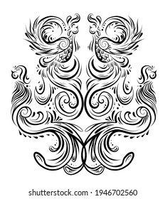 Umrisses Vogelmuster mit gekuppelten Schwänzen und Flügeln. Symmetrische Dekoration in Grautönen. Vintage-verzierte Tierschmuck. Phoenixen und Friedensstifter. Vektorkontursymbol für die Karte