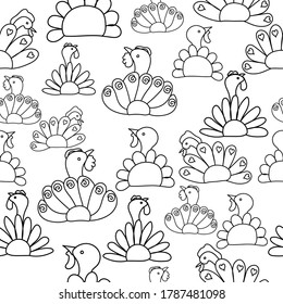 Outline birds turkey, doodle seamless pattern, vector hand draw illustration for design and creativity