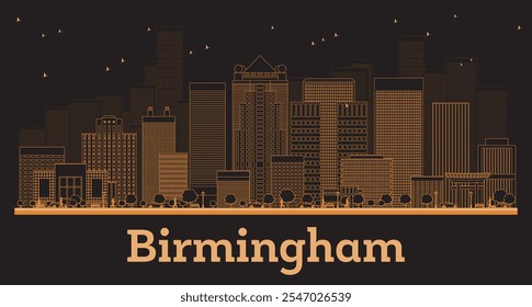 Outline Birmingham Alabama City Skyline with orange Buildings. Vector Illustration. Business Travel and Concept with Modern Architecture. Birmingham Cityscape with Landmarks 