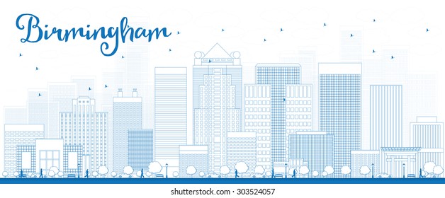 Outline Birmingham (Alabama) Skyline with Blue Buildings. Vector Illustration. Business and tourism concept with skyscrapers. Image for presentation, banner, placard or web site