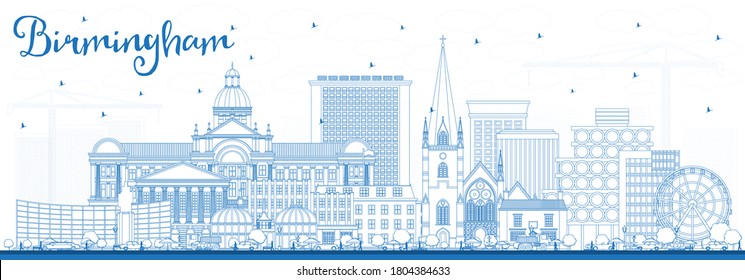Outline Birmingham UK City Skyline with Blue Buildings. Vector Illustration. Birmingham Cityscape with Landmarks. Business Travel and Tourism Concept with Historic Architecture.