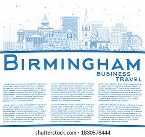 Outline Birmingham UK City Skyline with Blue Buildings and Copy Space. Vector Illustration. Birmingham Cityscape with Landmarks. Business Travel and Tourism Concept with Historic Architecture.