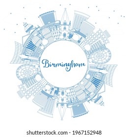 Outline Birmingham UK City Skyline with Blue Buildings and Copy Space. Vector Illustration. Birmingham Cityscape with Landmarks. Business Travel and Tourism Concept with Historic Architecture.