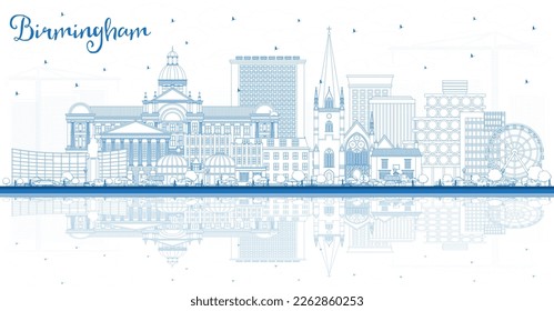 Outline Birmingham UK City Skyline with Blue Buildings and Reflections. Vector Illustration. Birmingham Cityscape with Landmarks. Business Travel and Tourism Concept with Historic Architecture.