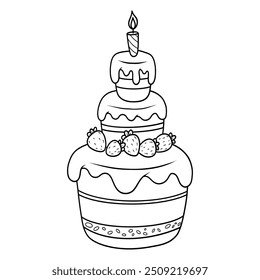 Outline birthday cake. Creamy bakery with strawberries, with drops dripping fruit glaze and festive candle. Line drawing, coloring book. Vector illustration. Kids collection