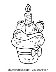 Outline birthday cake. Funny cream cupcake kawaii cartoon character with candle and strawberries. Line drawing, coloring book. Vector illustration. Kids collection