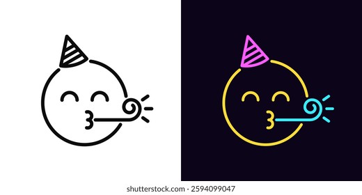 Outline birthday emoji icon, with editable stroke. Festive emoji with cone hat and party blower, birthday celebrate. Happy emoticon with whistle, birthday party, rejoice emotion, holiday mood. Vector