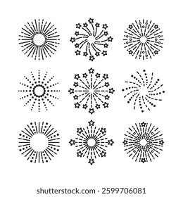 Outline birthday party elements. Line sparkle explosion. Burst stars and sparks isolated on white background. Firework icons set. Happy new year shiny symbol. Vector illustration.