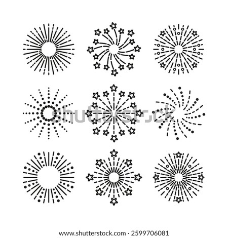 Outline birthday party elements. Line sparkle explosion. Burst stars and sparks isolated on white background. Firework icons set. Happy new year shiny symbol. Vector illustration.