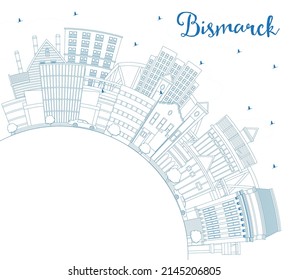 Outline Bismarck North Dakota City Skyline with Blue Buildings and Copy Space. Vector Illustration. Bismarck USA Cityscape with Landmarks. Business and Tourism Concept with Modern Architecture.