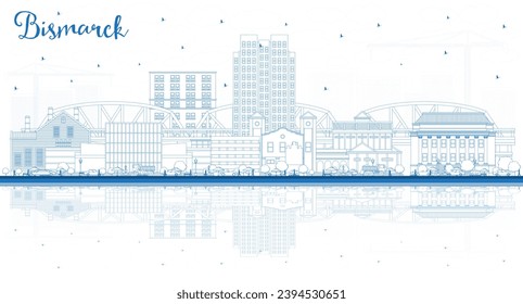 Outline Bismarck North Dakota City Skyline with Blue Buildings and reflections. Vector Illustration. Bismarck USA Cityscape with Landmarks. Travel and Tourism Concept with Modern Architecture.